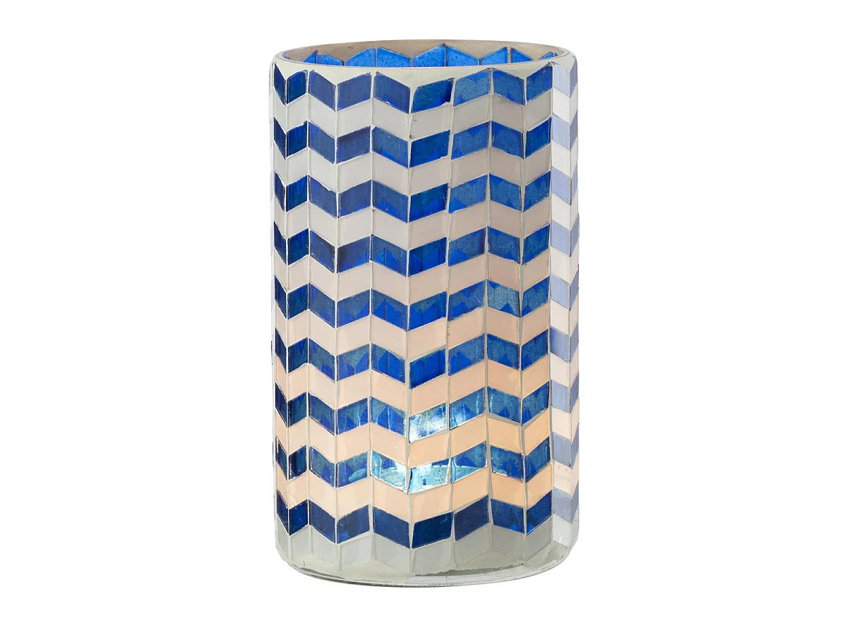 Photophore Chevrons en Verre "Santorin" 18cm Bleu