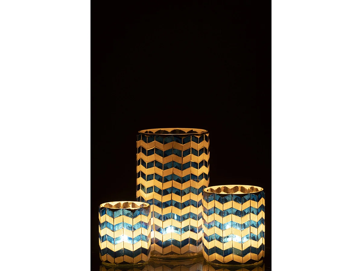 Photophore Chevrons en Verre "Santorin" 18cm Bleu