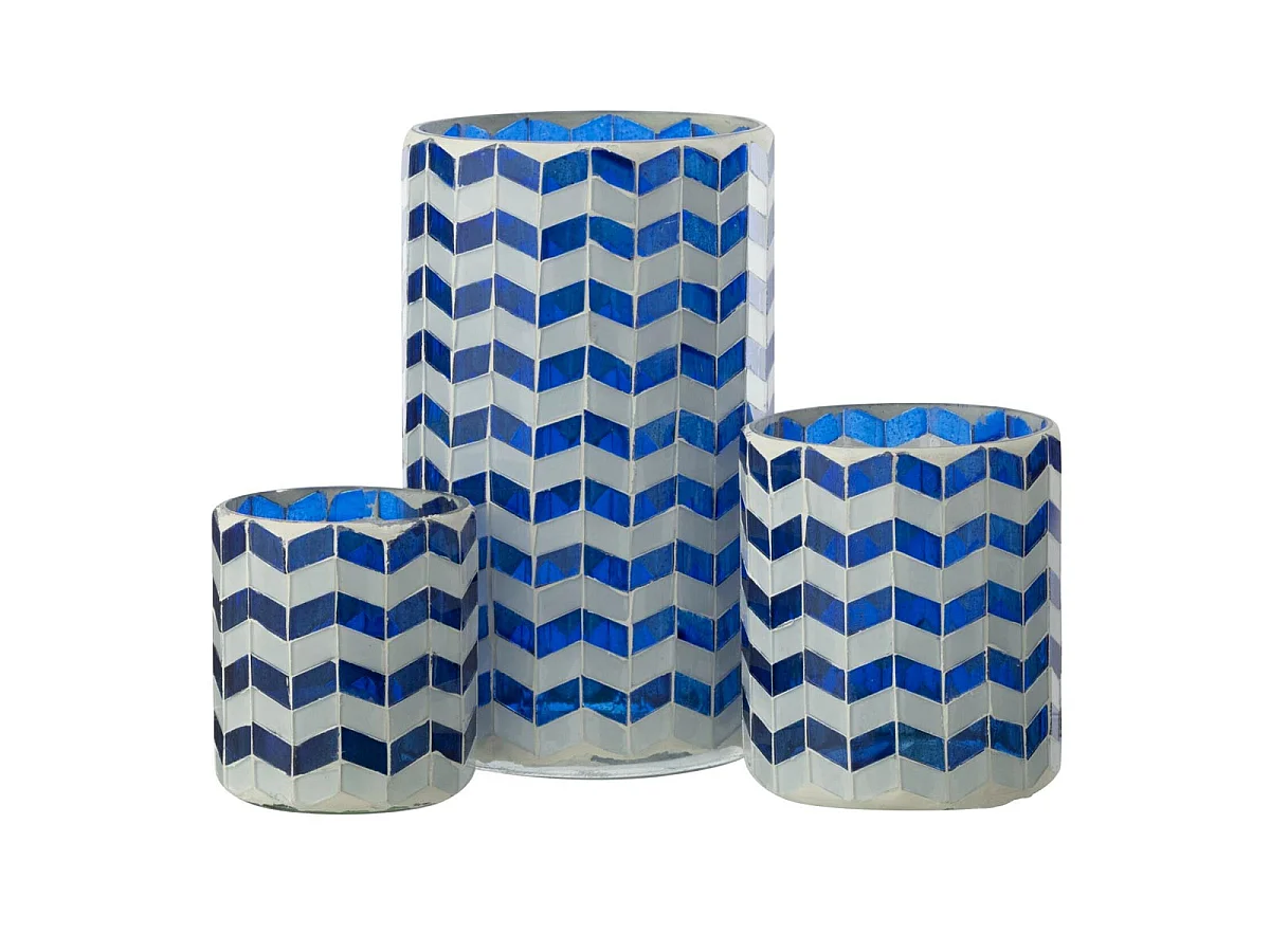 Photophore Chevrons en Verre "Santorin" 18cm Bleu