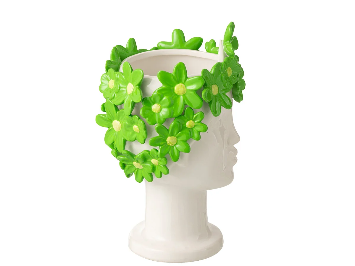 Cache-Pot Visage Fleuri "Dame" 24cm Blanc & Vert