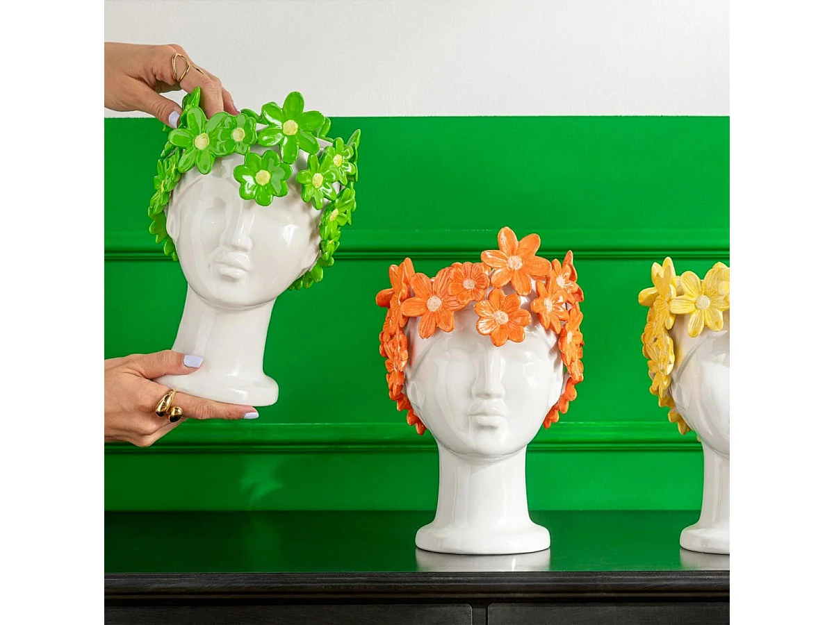Cache-Pot Visage Fleuri "Dame" 24cm Blanc & Vert