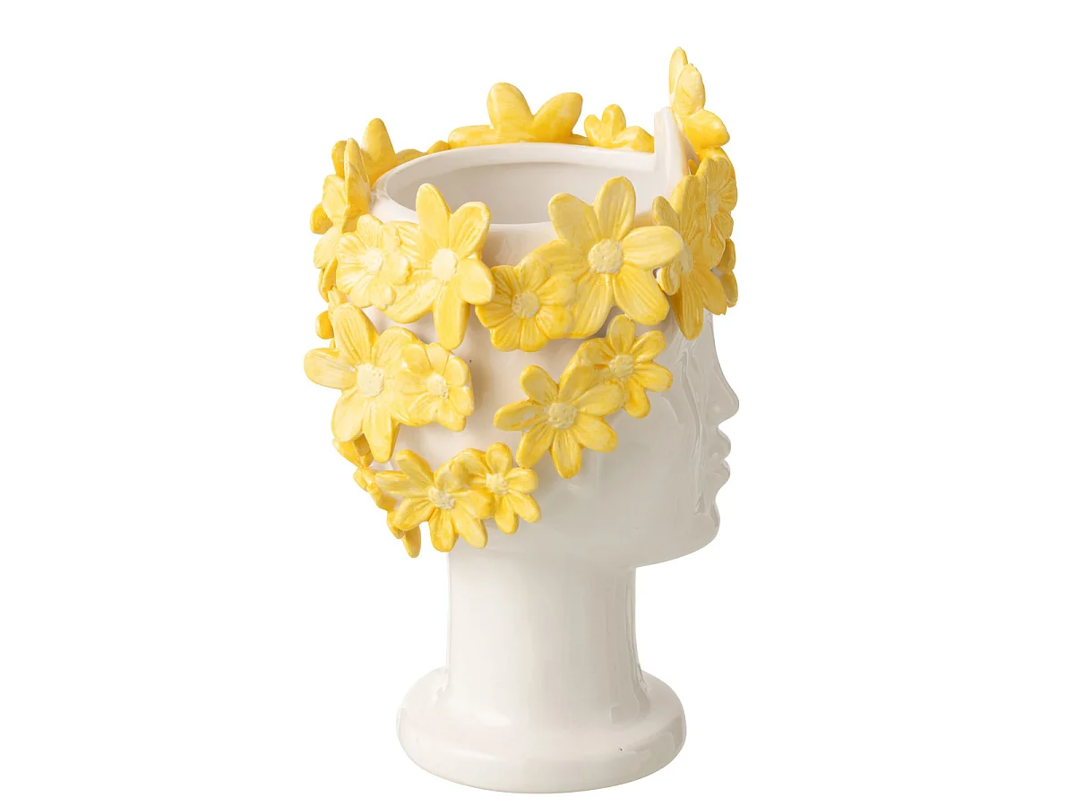 Cache-Pot Visage Fleuri "Dame" 24cm Blanc & Jaune