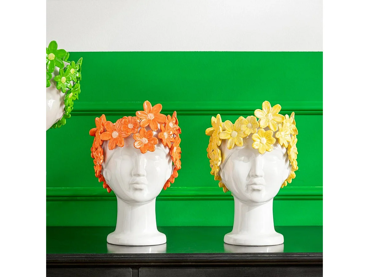 Cache-Pot Visage Fleuri "Dame" 24cm Blanc & Jaune