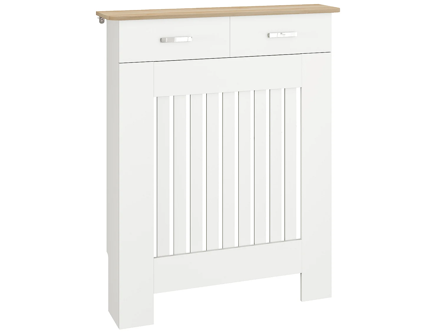 Cache-radiateur bicolore blanc effet bois clair porte abattante poignées métal