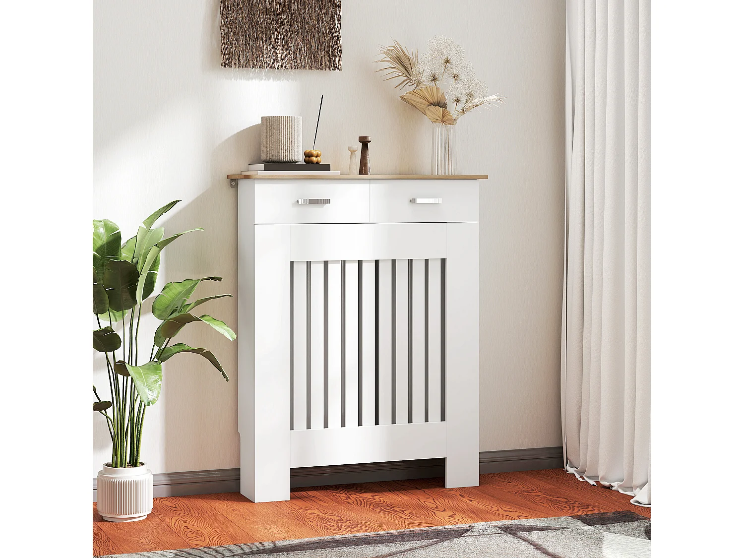Cache-radiateur bicolore blanc effet bois clair porte abattante poignées métal