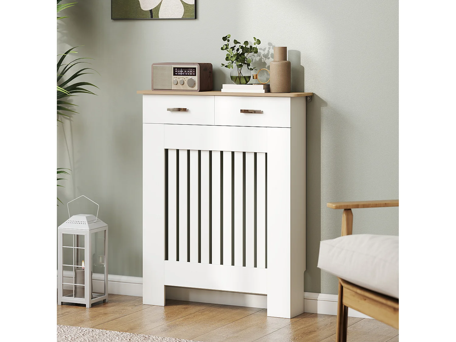 Cache-radiateur bicolore blanc effet bois clair porte abattante poignées métal