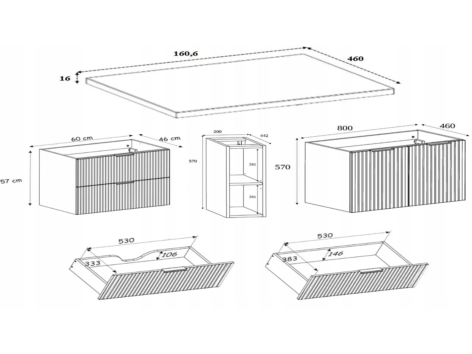 Wastafelmeubel 160cm - Geribbeld Eiken - zwart blad & plank – RODAN