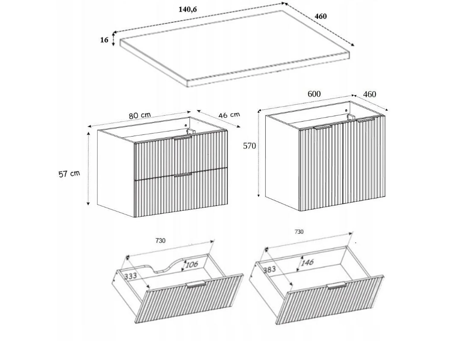 Waschbeckenunterschrank 140cm - Hängend - Geriffelt Kaschmir - weiße Platte – RODAN
