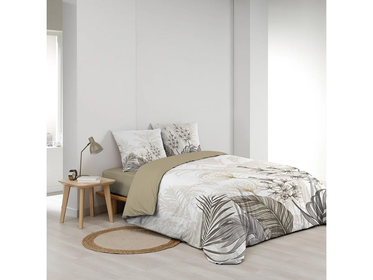 Set Lenzuola in Cotone con Stampa di Foglie e Fiori Tropicali con 2 Federe - Motivo Floreale Taupe 240x220cm
