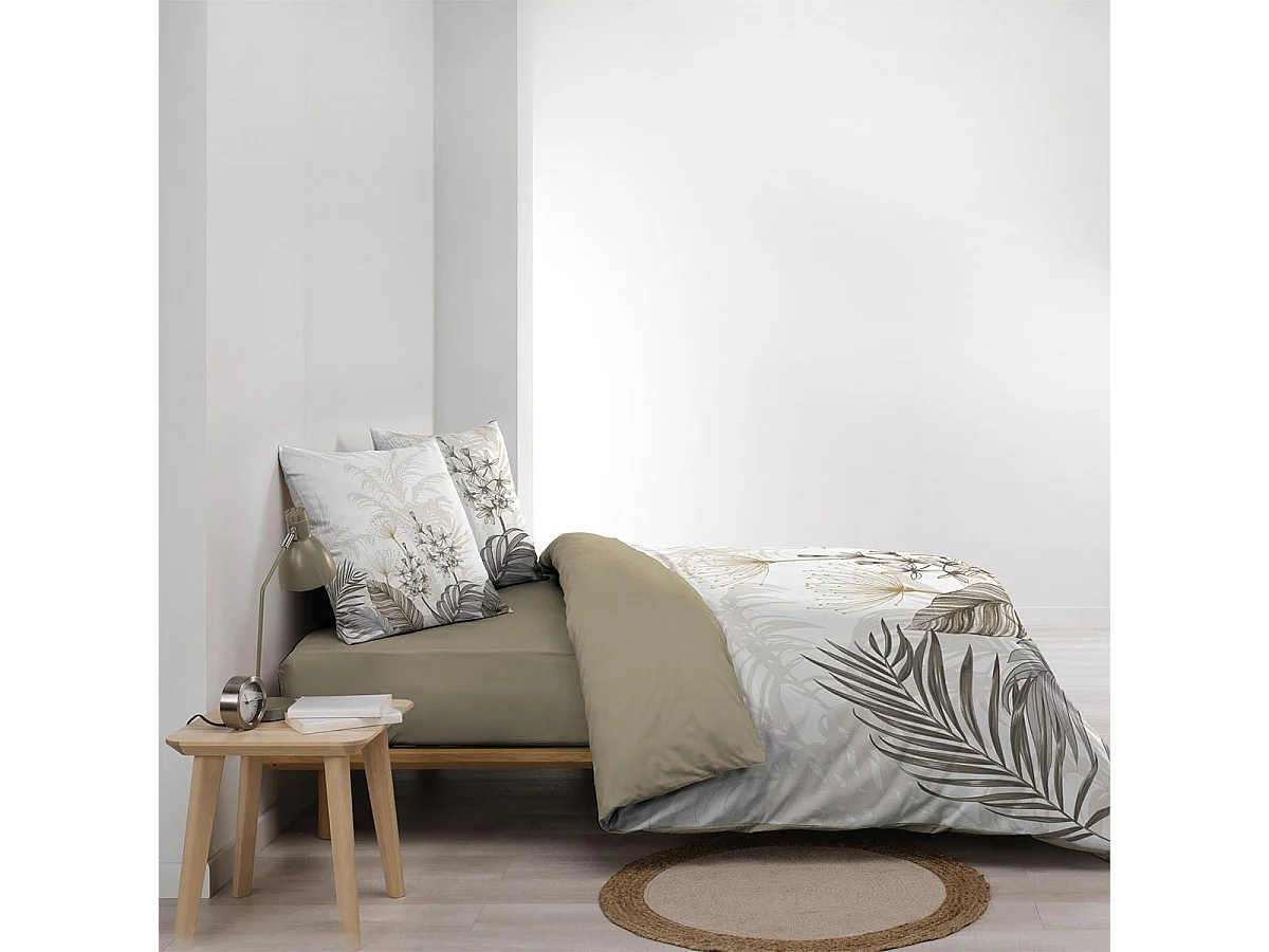 Set Lenzuola in Cotone con Stampa di Foglie e Fiori Tropicali con 2 Federe - Motivo Floreale Taupe 240x220cm