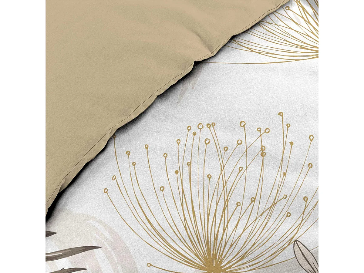Set Lenzuola in Cotone con Stampa di Foglie e Fiori Tropicali con 2 Federe - Motivo Floreale Taupe 240x220cm