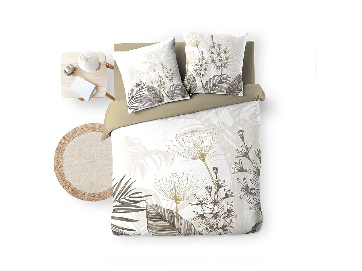 Set Lenzuola in Cotone con Stampa di Foglie e Fiori Tropicali con 2 Federe - Motivo Floreale Taupe 240x220cm