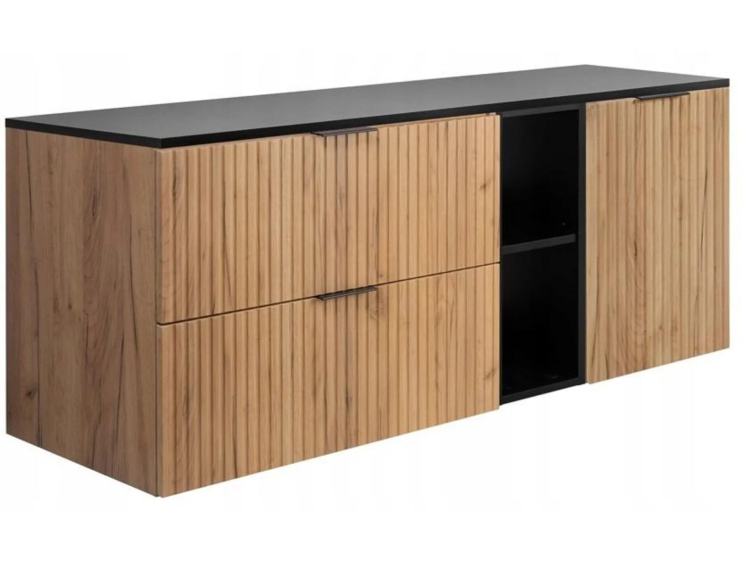 Waschbeckenunterschrank 120cm - Geriffelt Eiche - schwarze Platte & Regal – RODAN