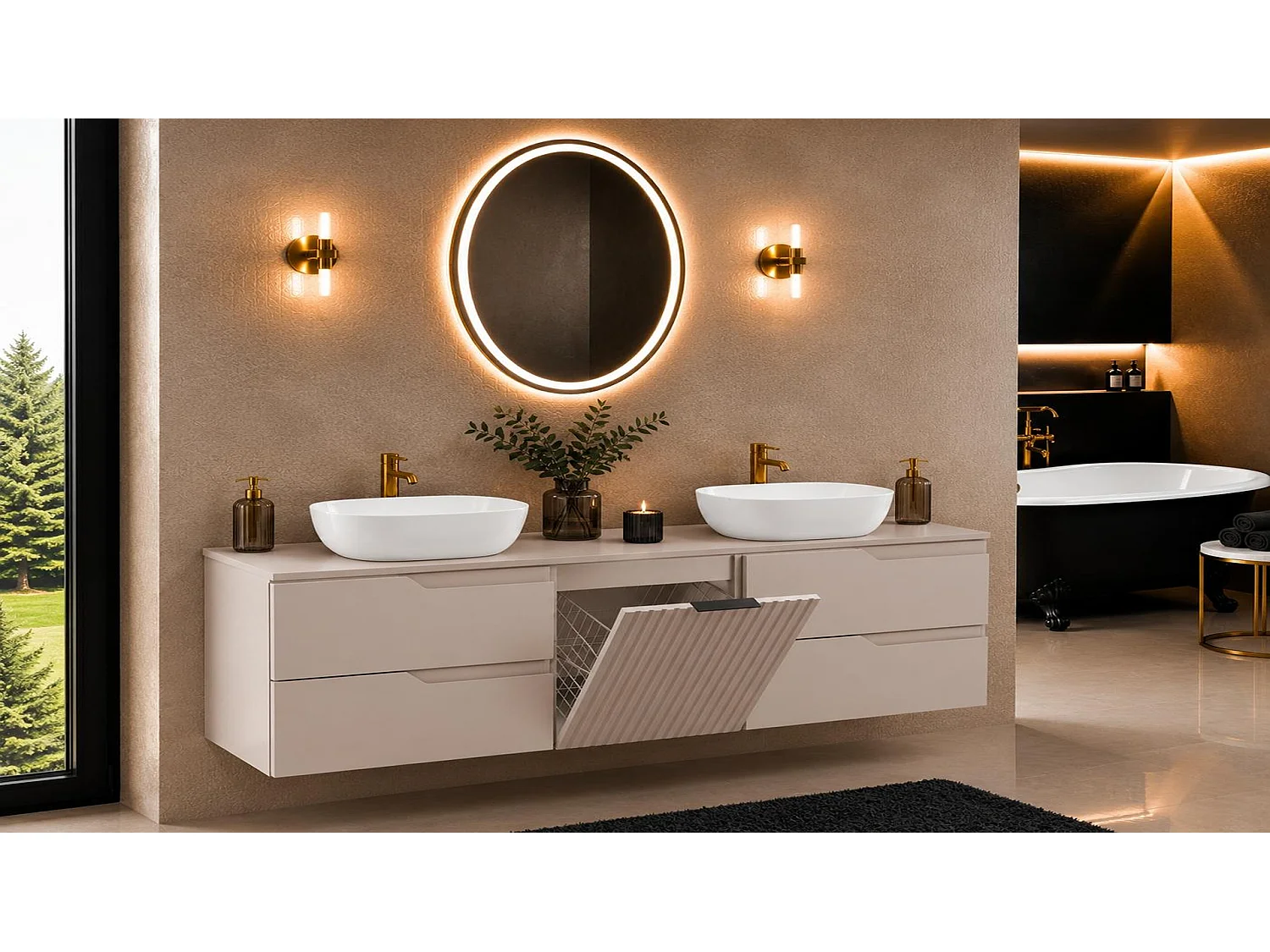 Meuble sous vasque 160cm - avec plan & panier à linge - Cachemire Mat – RODAN