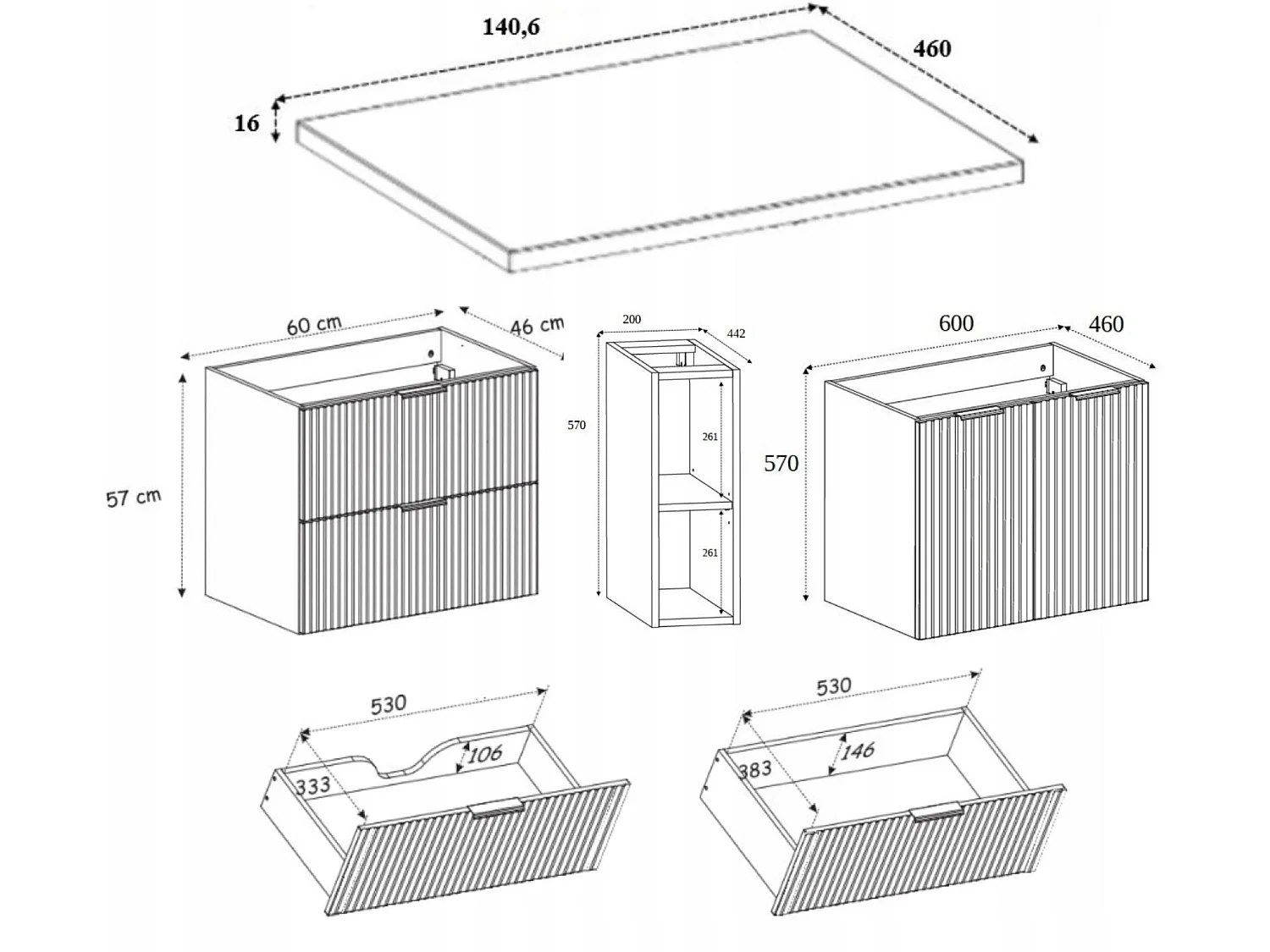 Mueble bajo lavabo 140cm - Estriado Marrón - con encimera y estante - Soft-Close – RODAN