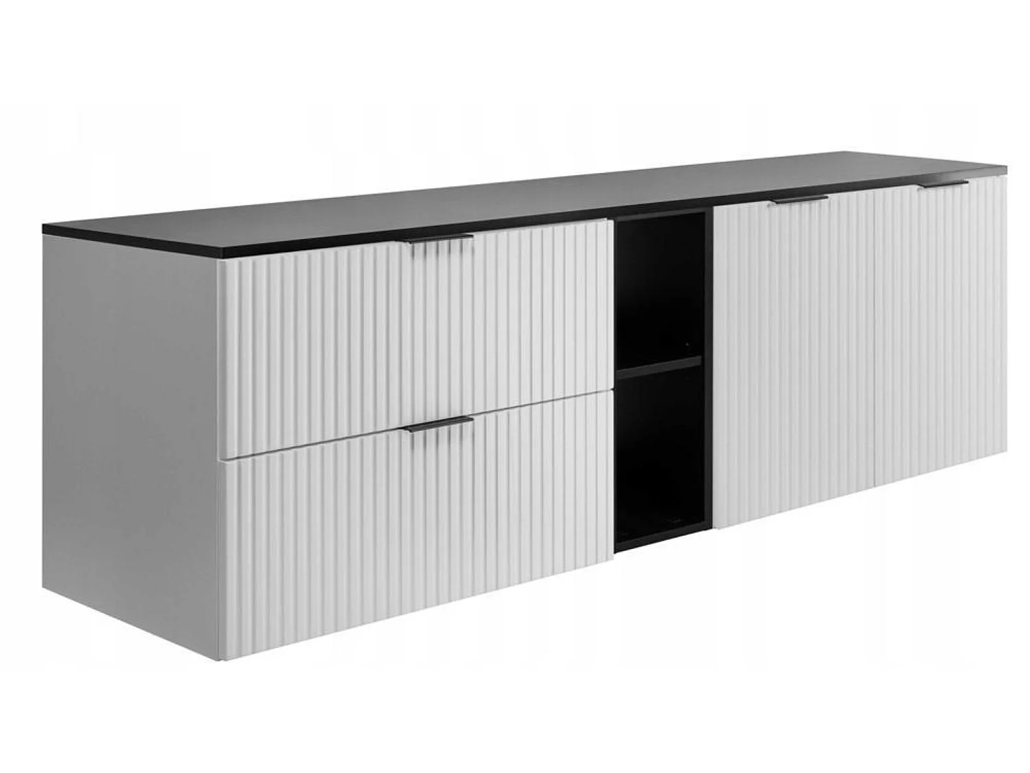 Rodan Wastafelmeubel 140cm - Geribbeld Wit - zwart blad & plank - Soft-Close - FLOW