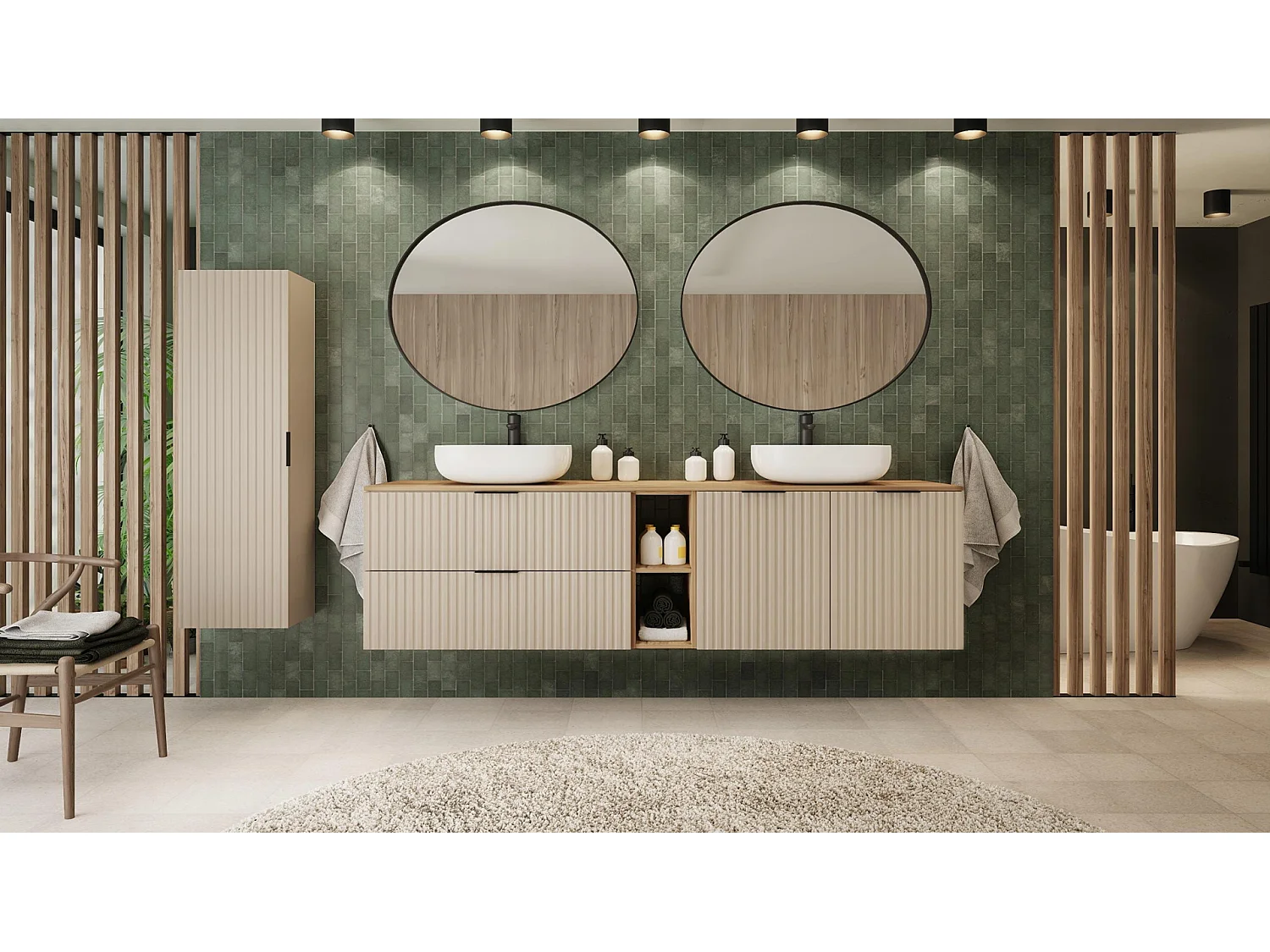 Waschbeckenunterschrank 120cm - Geriffelt Beige - weiße Platte & Regal – RODAN