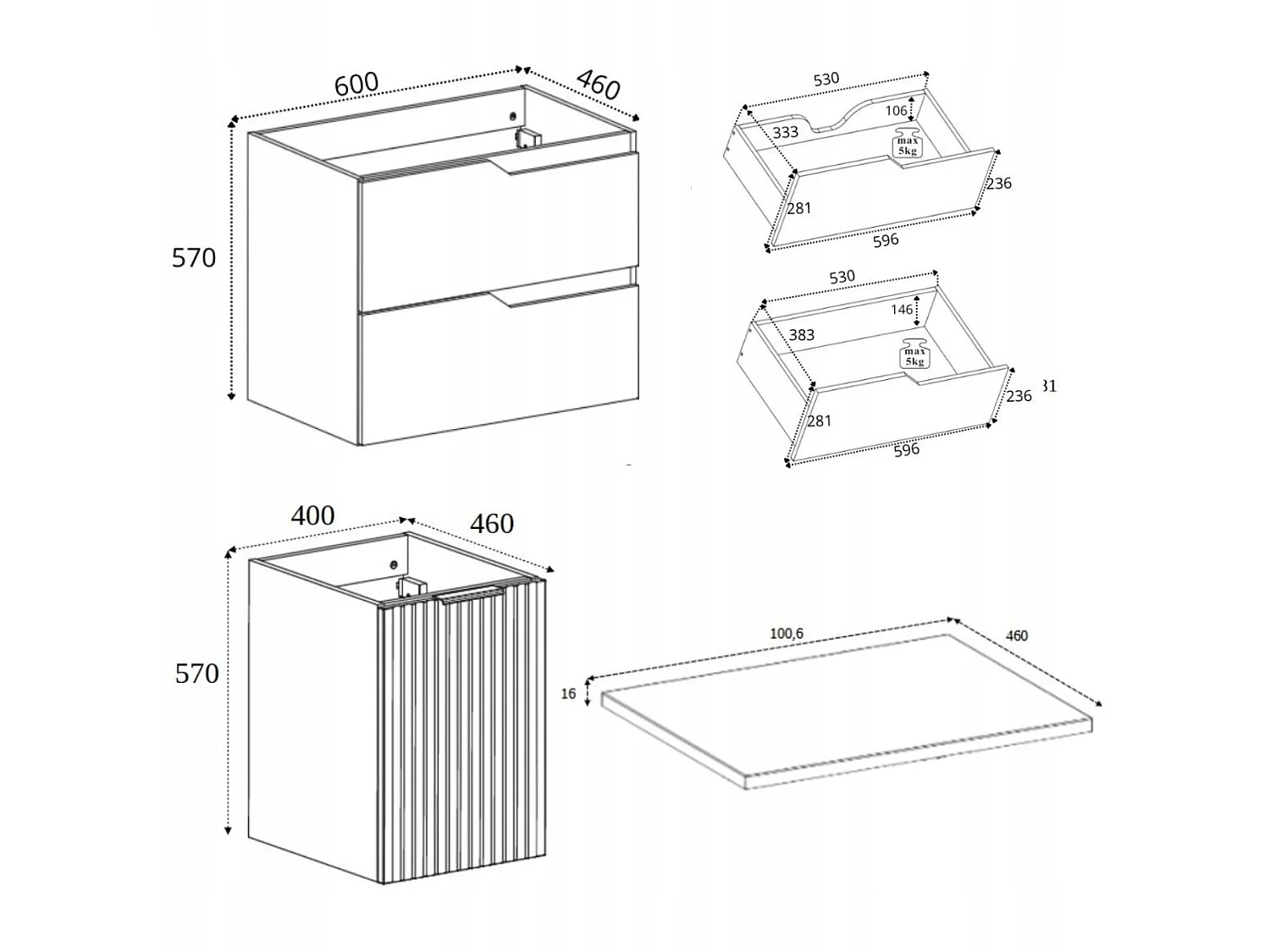 Meuble sous vasque 100cm - avec plan & panier à linge - Noir Mat – RODAN