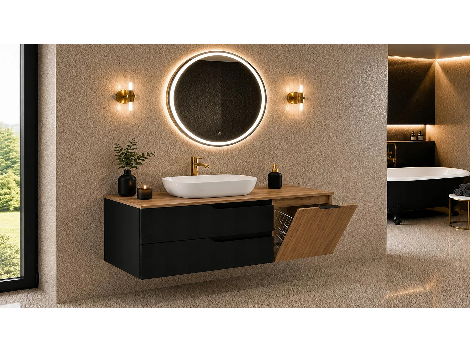 Waschbeckenunterschrank 120cm - mit Platte & Wäschekorb - Schwarz-Braun – RODAN
