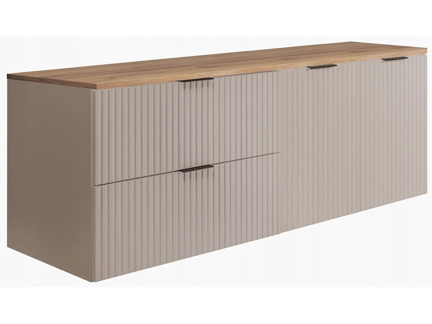Waschbeckenunterschrank 140cm - Hängend - Geriffelt Kaschmir - braune Platte – RODAN