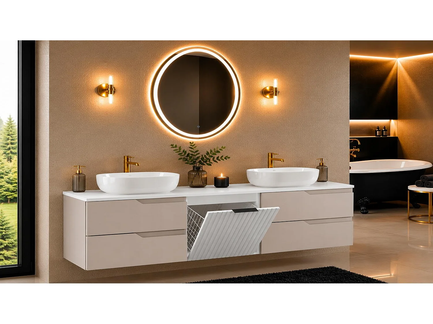 Waschbeckenunterschrank 160cm - mit Platte & Wäschekorb - Kaschmir-Weiß – RODAN