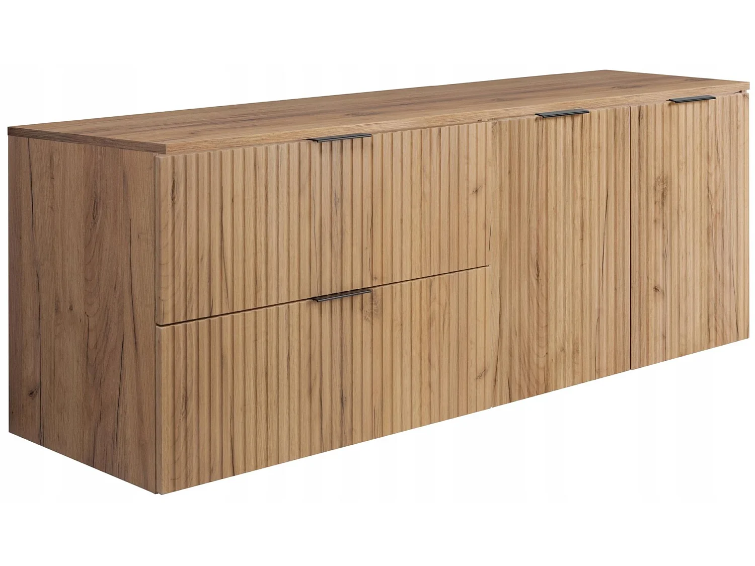 Waschbeckenunterschrank 160cm - Hängend - Geriffelt Braun mit Platte - 3 Griffe – RODAN