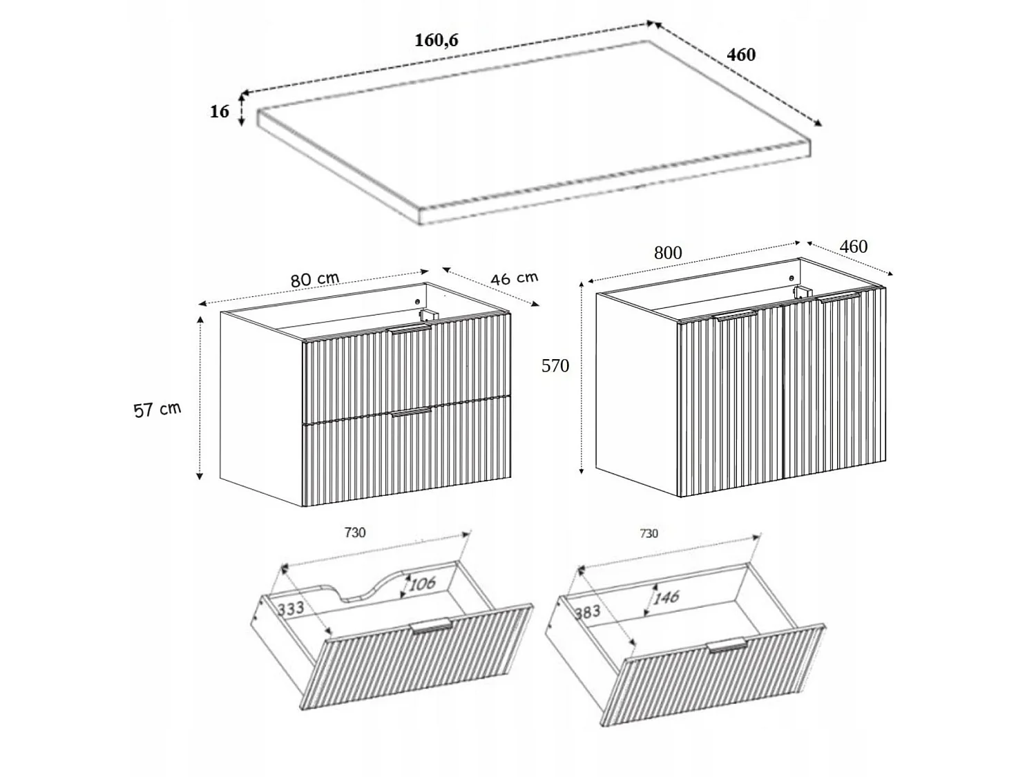 Waschbeckenunterschrank 160cm - Hängend - Geriffelt Braun mit Platte - 3 Griffe – RODAN