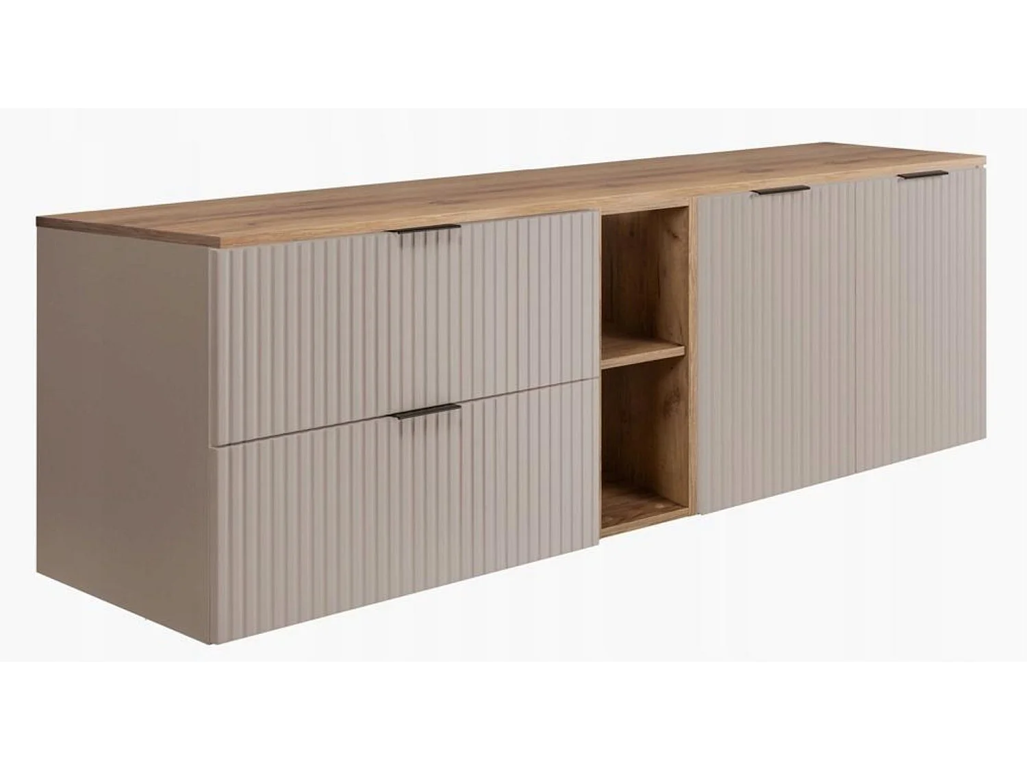 Mueble bajo lavabo 160cm - Estriado Beige - encimera y estante Roble – RODAN