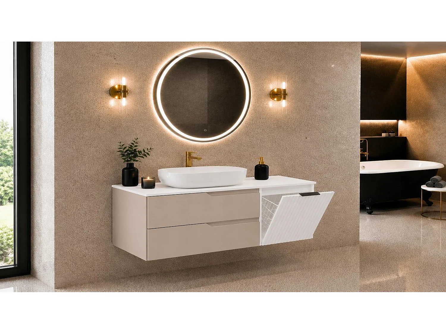 Meuble sous vasque 100cm - avec plan & panier à linge - Cachemire-Blanc – RODAN