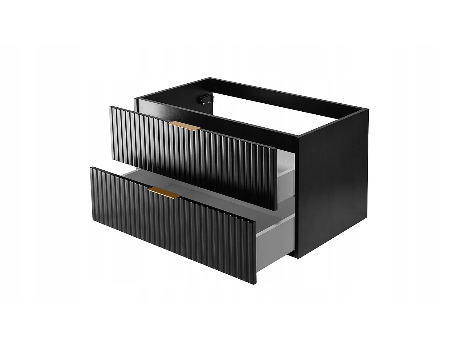 Waschbeckenunterschrank 160cm - Hängend - Geriffelt Schwarz mit Platte - 3 Griffe – RODAN