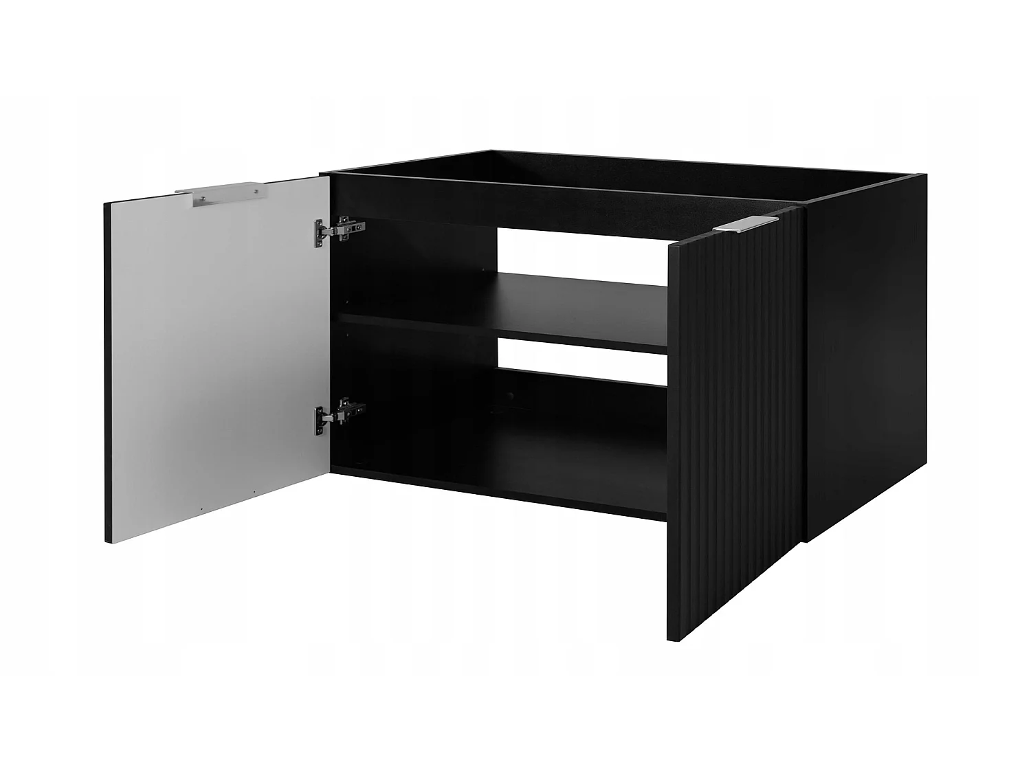 Waschbeckenunterschrank 160cm - Hängend - Geriffelt Schwarz mit Platte - 3 Griffe – RODAN