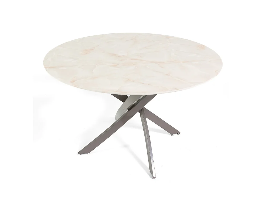 Table d’intérieur Ø120 cm avec plateau en verre trempé et pieds en métal, design élégant pour cuisine ou salle à manger – Kasper – Marbre rose/Taupe