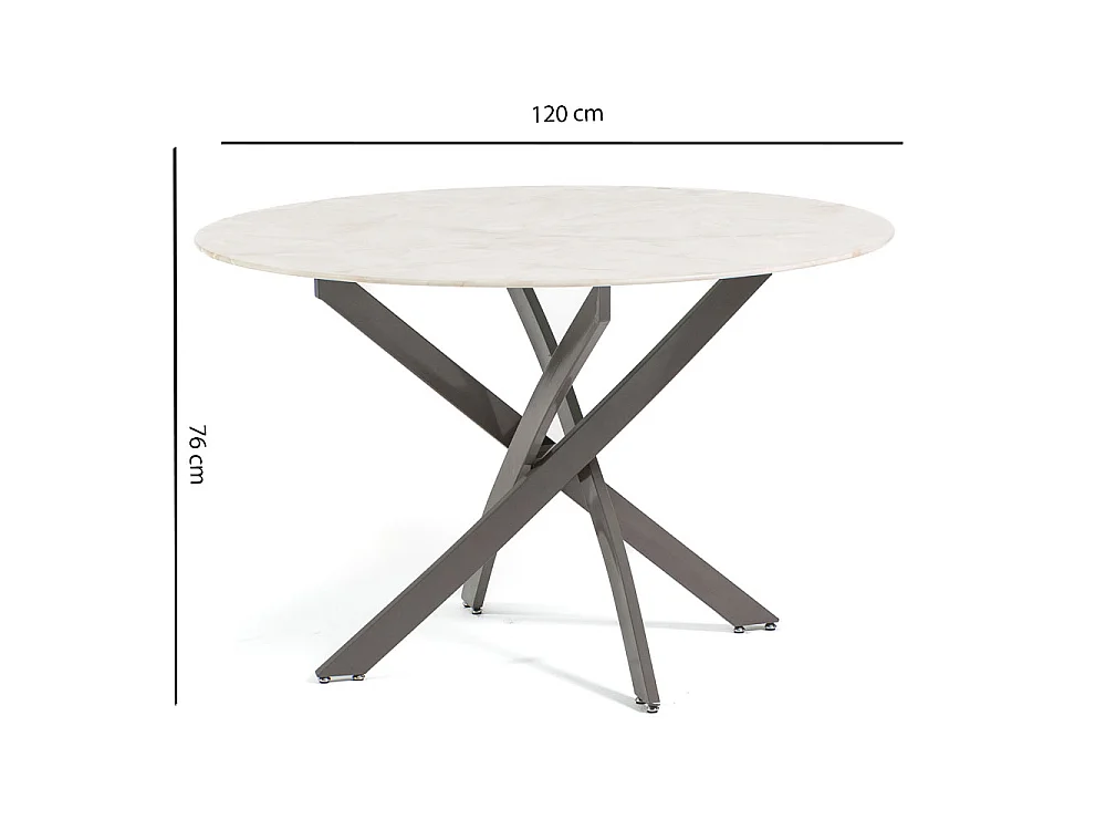 Table d’intérieur Ø120 cm avec plateau en verre trempé et pieds en métal, design élégant pour cuisine ou salle à manger – Kasper – Marbre rose/Taupe