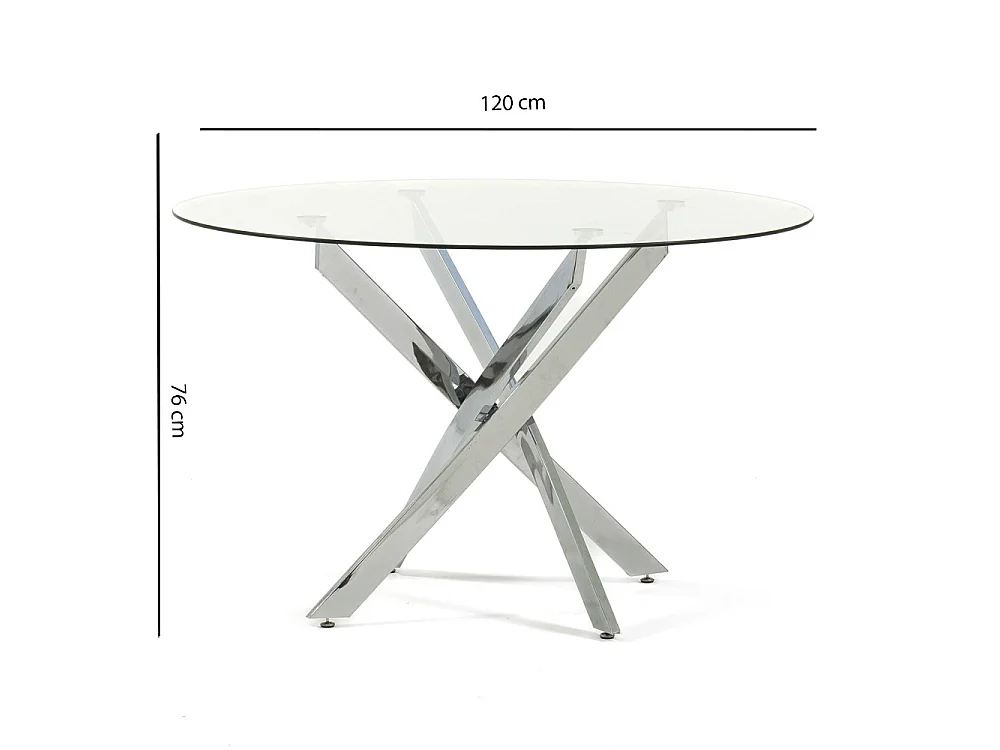Table d’intérieur Ø120 cm avec plateau en verre trempé et pieds en métal, design élégant pour cuisine ou salle à manger – Kasper – Transparent/Argent