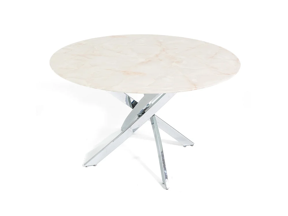 Table d’intérieur Ø120 cm avec plateau en verre trempé, pieds en métal, au design élégant pour cuisine ou salle à manger – Kasper – Marbre rose/Argent