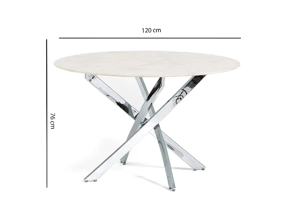 Table d’intérieur Ø120 cm avec plateau en verre trempé, pieds en métal, au design élégant pour cuisine ou salle à manger – Kasper – Marbre rose/Argent