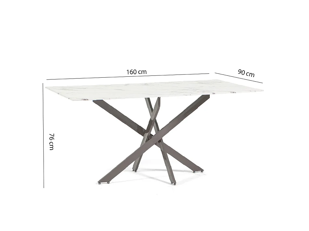 Table d’intérieur 160x90 cm, plateau en verre trempé, pieds en métal, design élégant, pour cuisine ou salle à manger – Morgan – Marbre blanc/Taupe