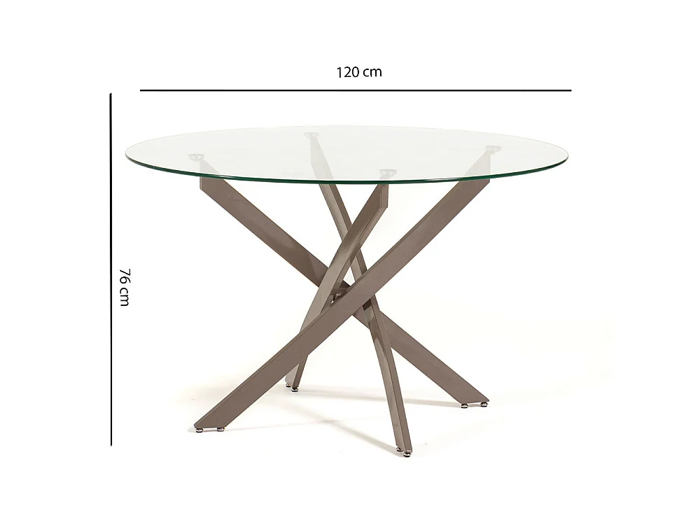 Table d’intérieur Ø120 cm avec plateau en verre trempé et pieds en métal, design élégant pour cuisine ou salle à manger – Kasper – Transparent/Taupe