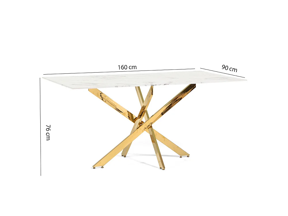 Table d’intérieur 160x90 cm, plateau en verre trempé, pieds en métal, design élégant, idéale pour cuisine ou salle à manger – Morgan – Marbre blanc/Or
