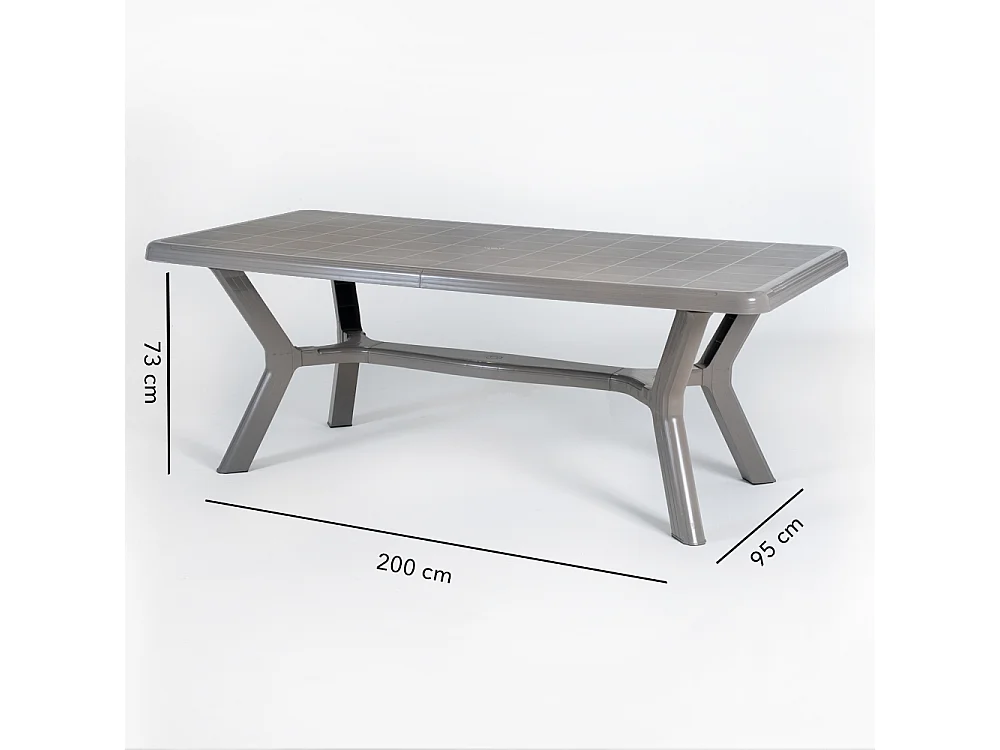 Table de jardin rectangulaire 200x95 cm en résine,pieds croisés,structure renforcée en métal et trou pour parasol - SAMUEL - Taupe