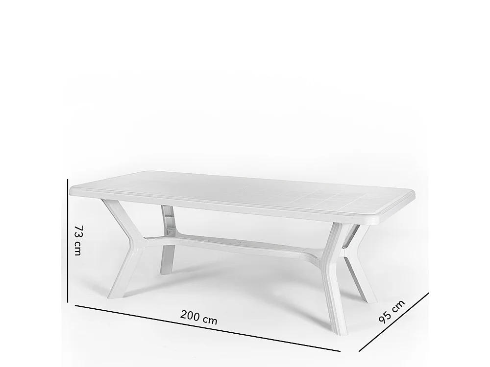 Table de jardin rectangulaire 200x95 cm en résine,pieds croisés,structure renforcée en métal et trou pour parasol - SAMUEL - Blanc