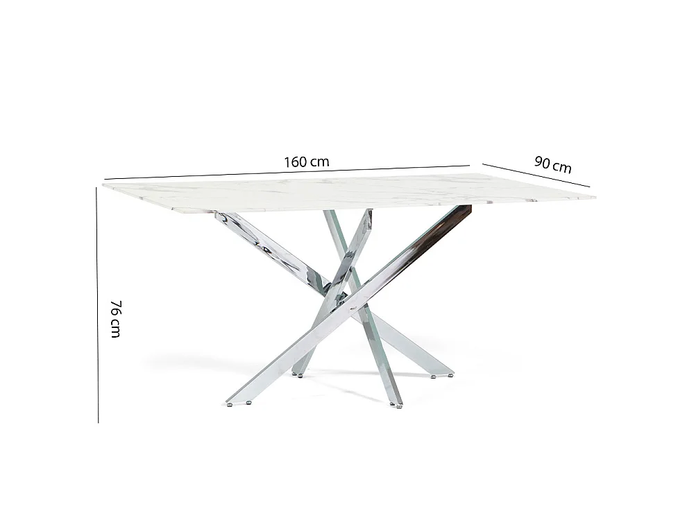 Table d’intérieur 160x90 cm, plateau en verre trempé, pieds en métal, design élégant, pour cuisine ou salle à manger – Morgan – Marbre blanc/Argent