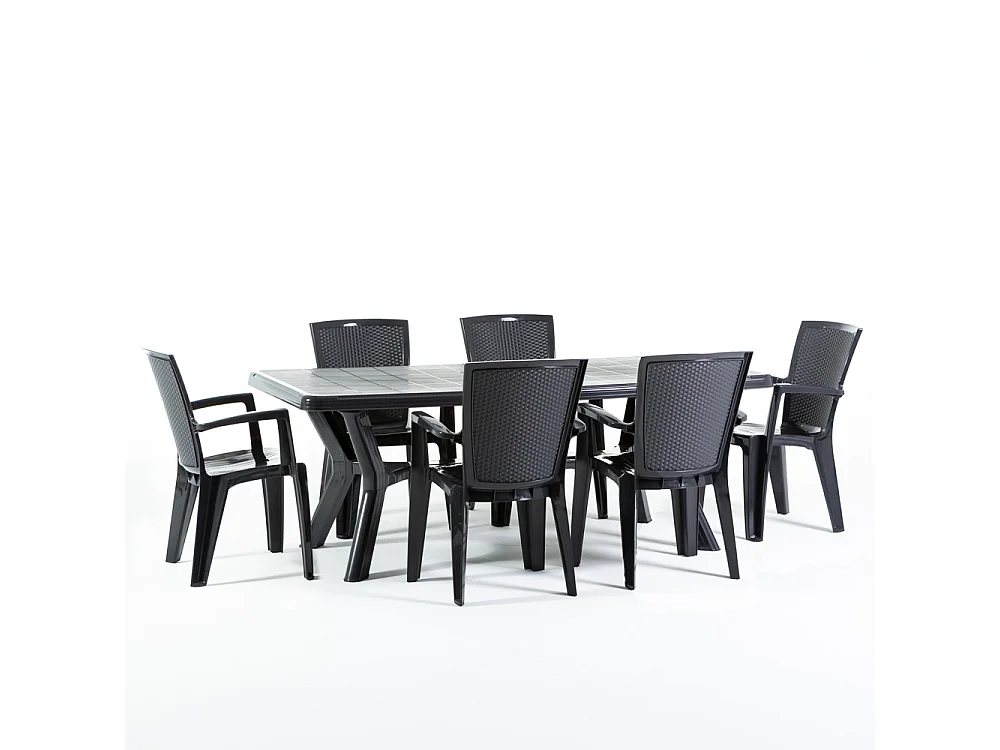 Table de jardin rectangulaire 200x95 cm en résine,pieds croisés,structure renforcée en métal et trou pour parasol - SAMUEL - Noir