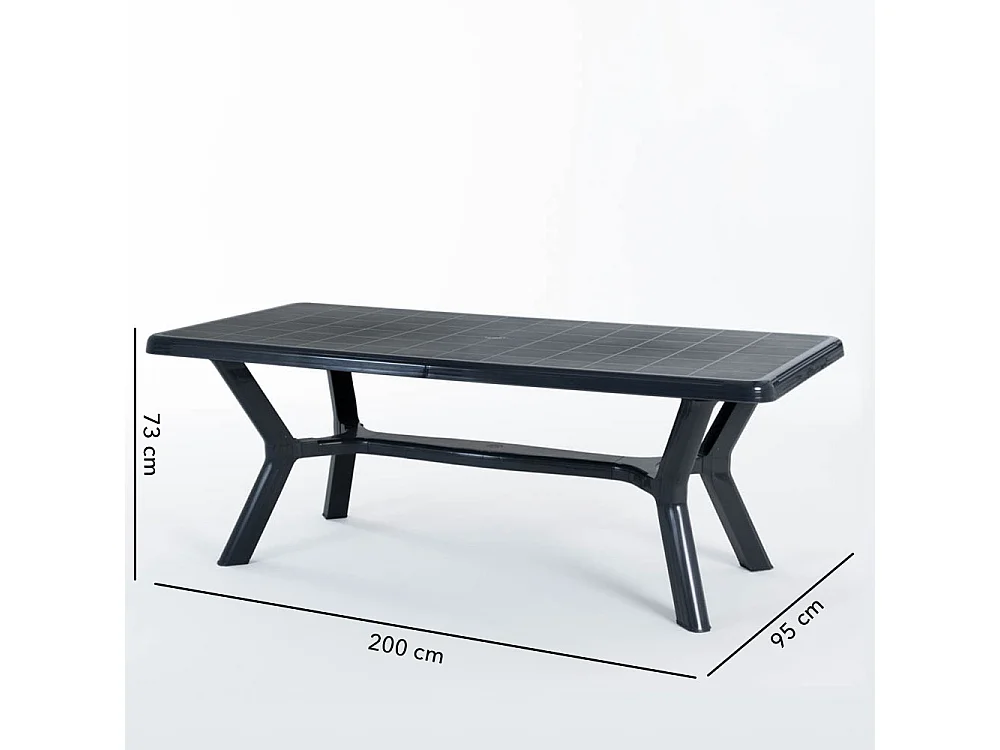 Table de jardin rectangulaire 200x95 cm en résine,pieds croisés,structure renforcée en métal et trou pour parasol - SAMUEL - Noir