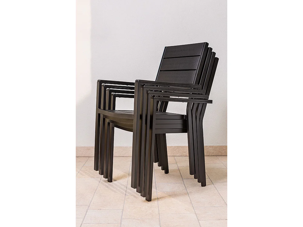 Set de 6 chaises d'extérieur, jardin, empilables avec accoudoirs, structure en acier peint et assise en polyéthylène à lames effet bois - Adele - Noir