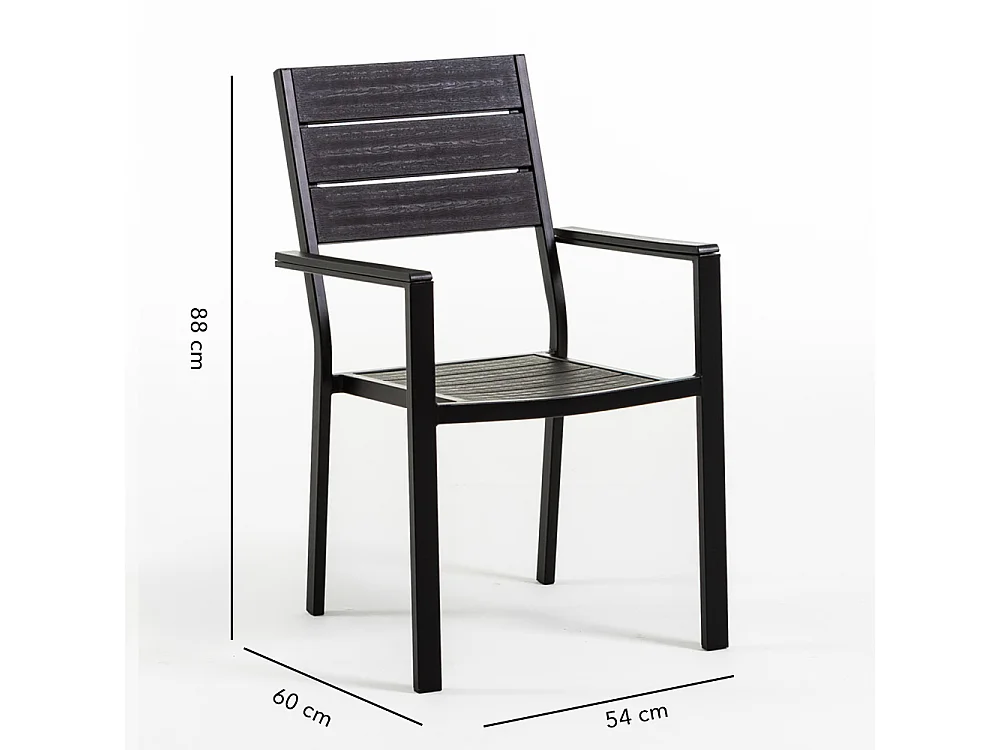 Set de 6 chaises d'extérieur, jardin, empilables avec accoudoirs, structure en acier peint et assise en polyéthylène à lames effet bois - Adele - Noir