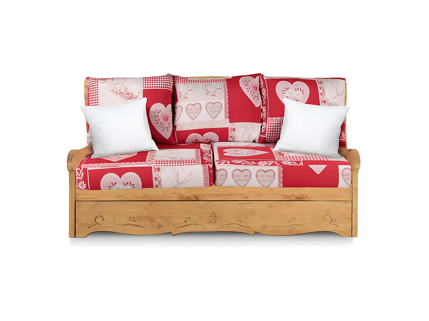 Canapé 2 places avec coffre pin massif sculpté Briançon rouge