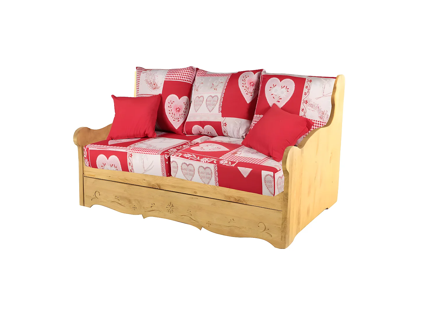 Canapé 2 places avec coffre pin massif sculpté Briançon rouge