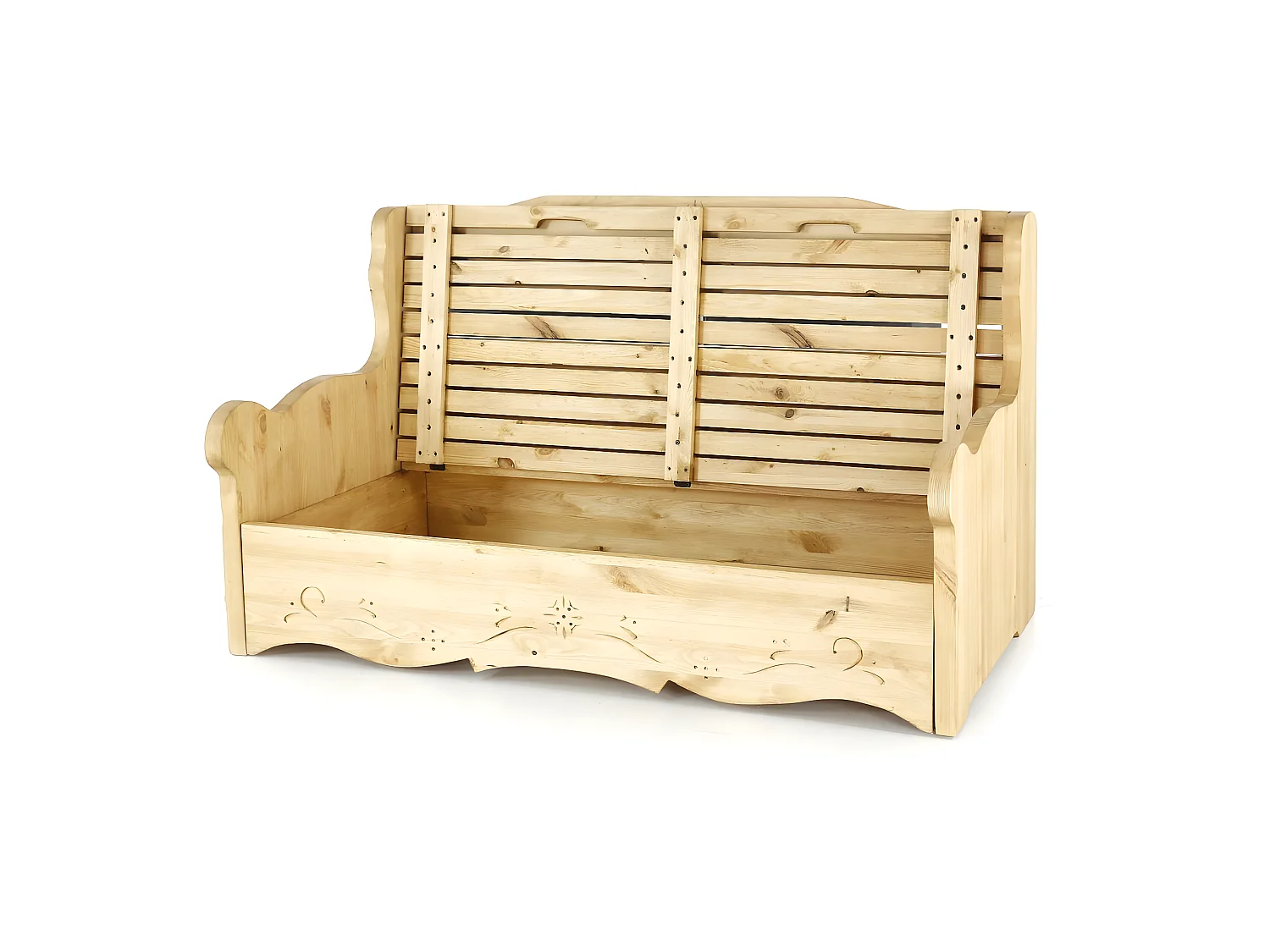 Canapé 2 places avec coffre pin massif sculpté Briançon rouge