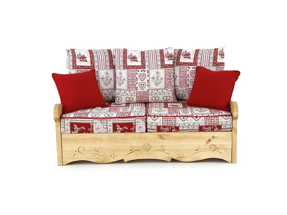 Canapé 2 places avec coffre pin massif sculpté Vanoise rouge Dahu